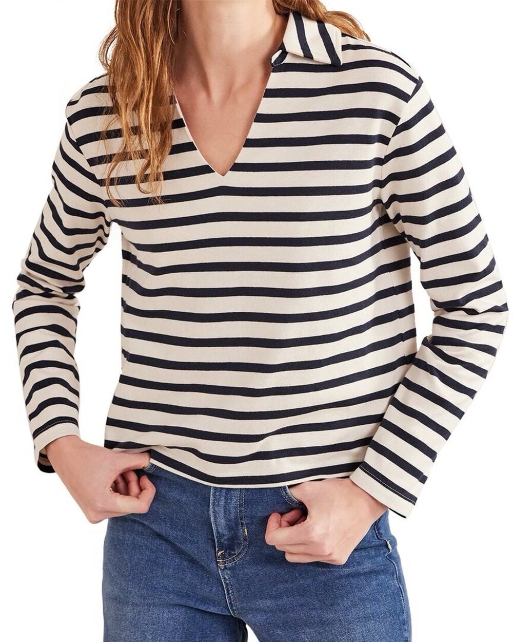 Boden Notch Collar Stripe Ivory Navy Cotton Shirt Casual Coastal Preppy Sz Small